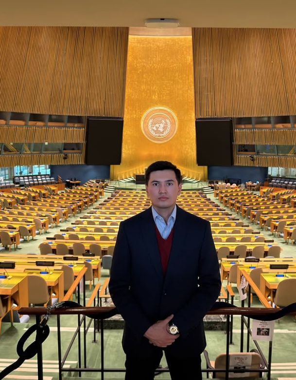 Mehrojbek Makhmudov in the United Nations General Assembly Hall in New York.